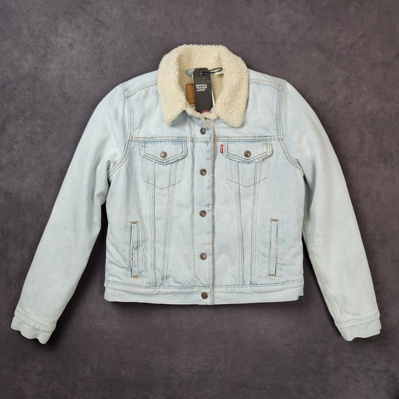 Levis Sherpa Trucker Jacket Womens Medium Light Wash Denim - Picture 1 of 16